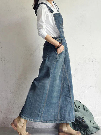 Casual Vintage-Inspired Back Slit Denim Overall Dress