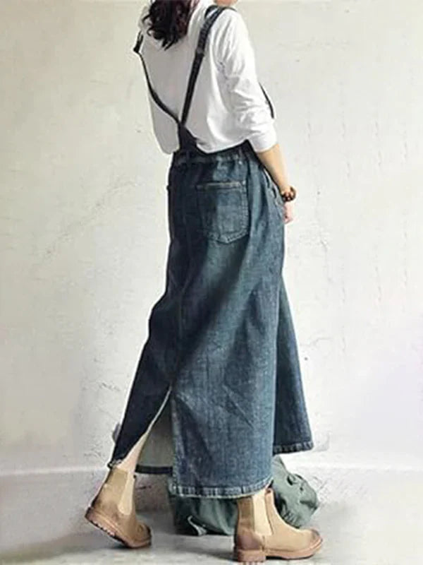 Casual Vintage-Inspired Back Slit Denim Overall Dress