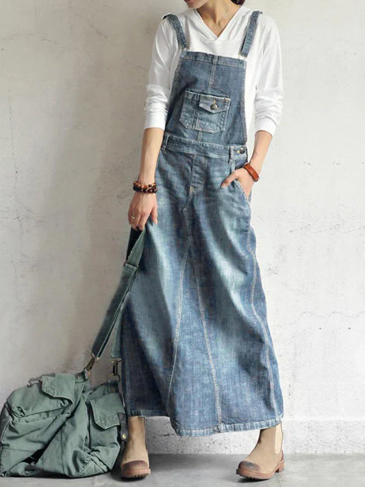 Casual Vintage-Inspired Back Slit Denim Overall Dress